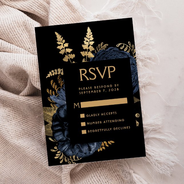 Carte D'accompagnement Moody Dark Floral Navy Blue Gold Wedding RSVP (Créateur téléchargé)