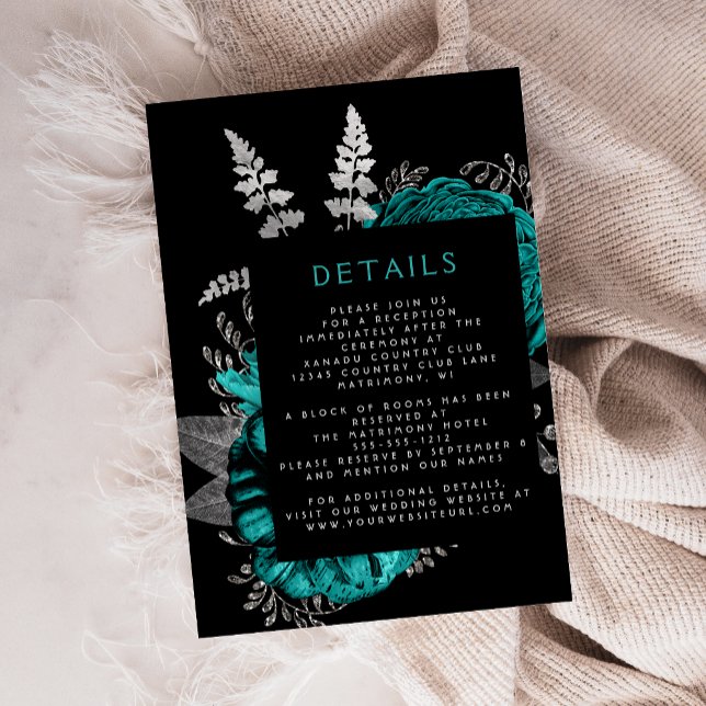 Carte D'accompagnement Moody Dark Floral Turquoise Argent Détails du Mari (Créateur téléchargé)