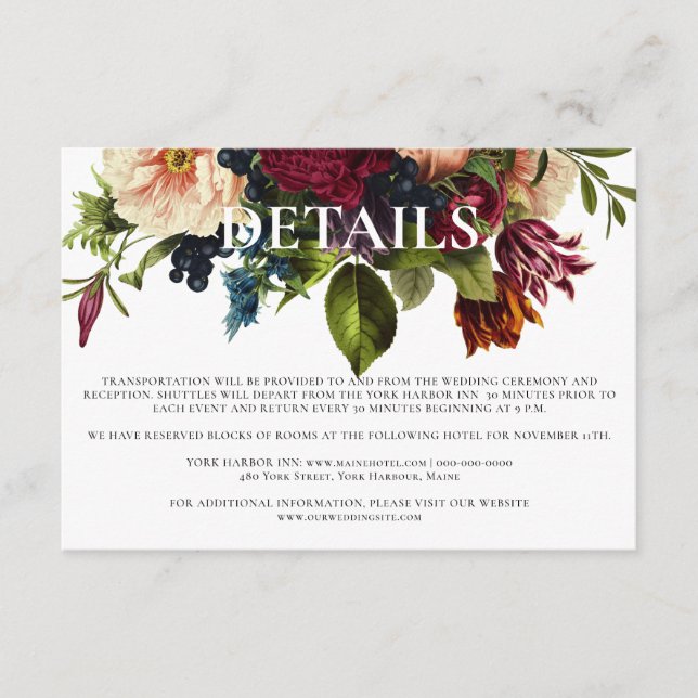 Carte D'accompagnement Moody Floral Bourgogne détails Mariage (Devant)