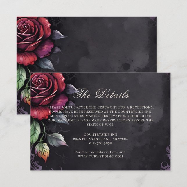 Carte D'accompagnement Moody foncé gothique Rose rouge Mariage noir (Devant / Derrière)