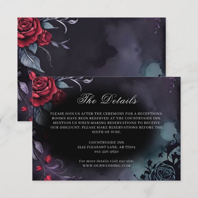 Carte D'accompagnement Moody foncé gothique Rose rouge violet Mariage (Devant / Derrière)