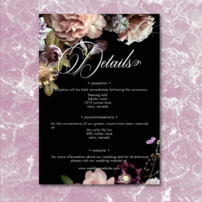 Carte D'accompagnement Moody foncé Pastel Opulent Floral noir Détails (Dark Moody Pastel Opulent Floral Black Details Enclosure Card)