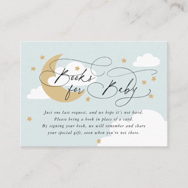 Carte D'accompagnement Moon et Stars Blue Gold Book Demande de Baby showe (Devant)