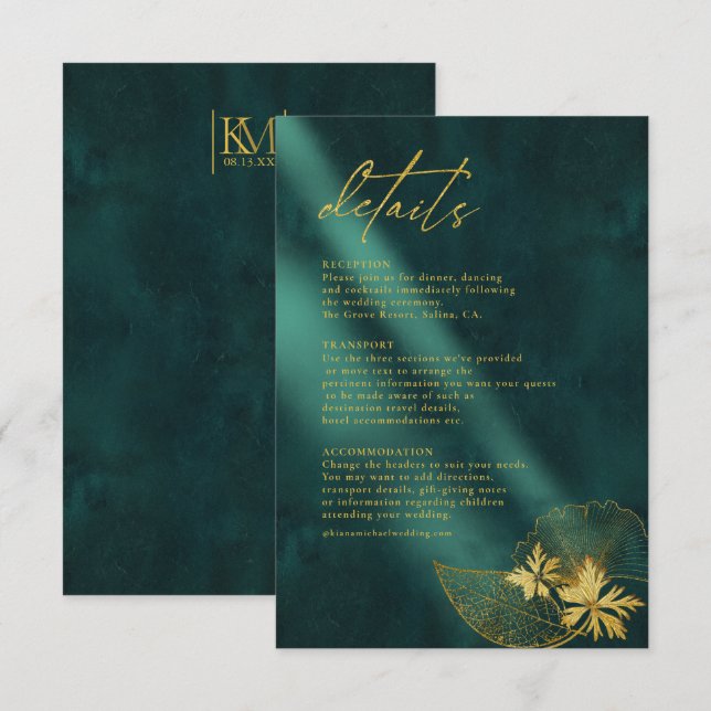 Carte D'accompagnement Moonlight Romance Détails du Mariage Emerald Gr ID (Devant / Derrière)