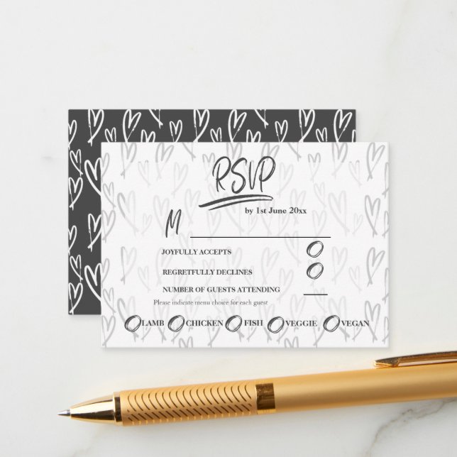 Carte D'accompagnement Motif moderne RSVP Black & White Hearts (Devant/Arrière en situation)