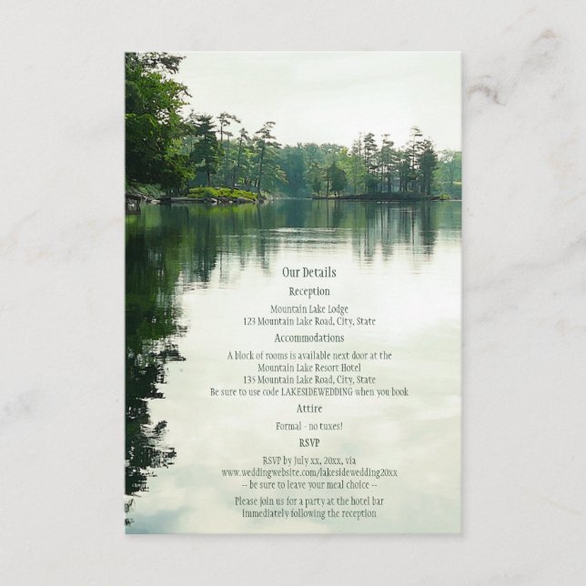 Carte D'accompagnement Mountain Lake réflexion détails du mariage rustiqu (Devant)