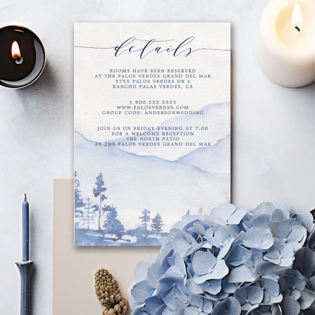 Carte D'accompagnement Mountain Rustic Blue Watercolor Détails du Mariage (Rustic mountain wedding with our charming Blue Watercolor Wedding Details Enclosure Card.)