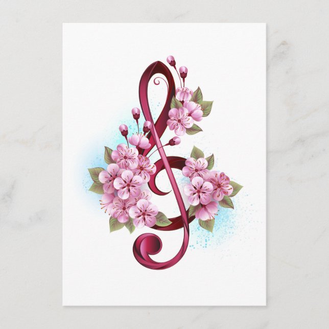 Carte D'accompagnement Musical treble clef notes with sakura flowers (Devant)