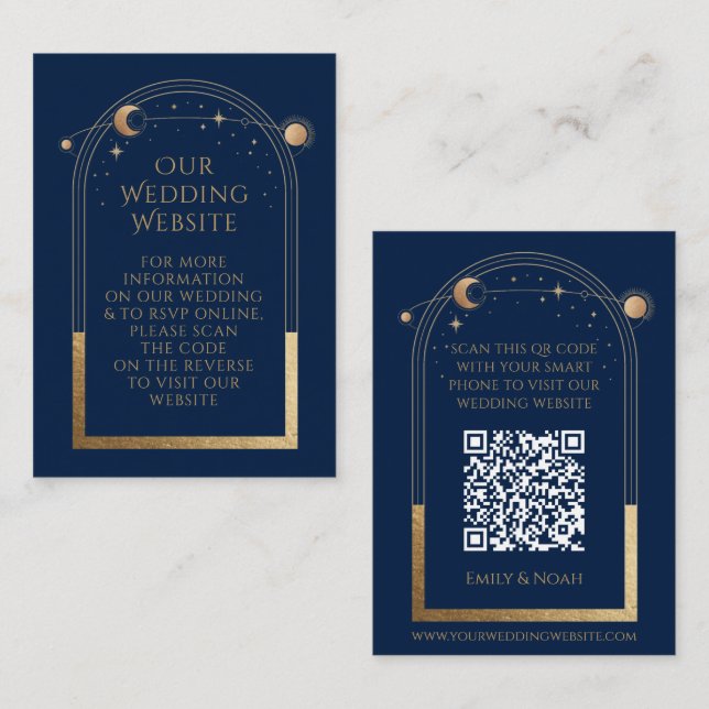 Carte D'accompagnement Mystic Blue Gold Mariage site Web RSVP QR Code (Devant / Derrière)