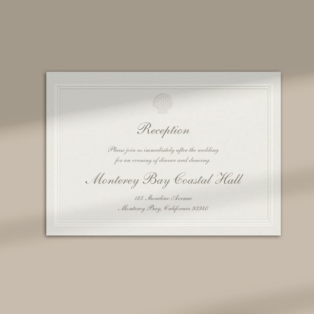 Carte D'accompagnement Nautical Coastal Shell Modern Classic Wedding (modern classic wedding reception details card frame ecru script calligraphy formal traditional )