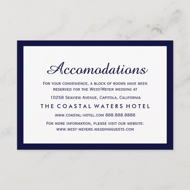 Carte D'accompagnement Nautical Navy Blue Mariage Hébergements Hôtel (Devant)
