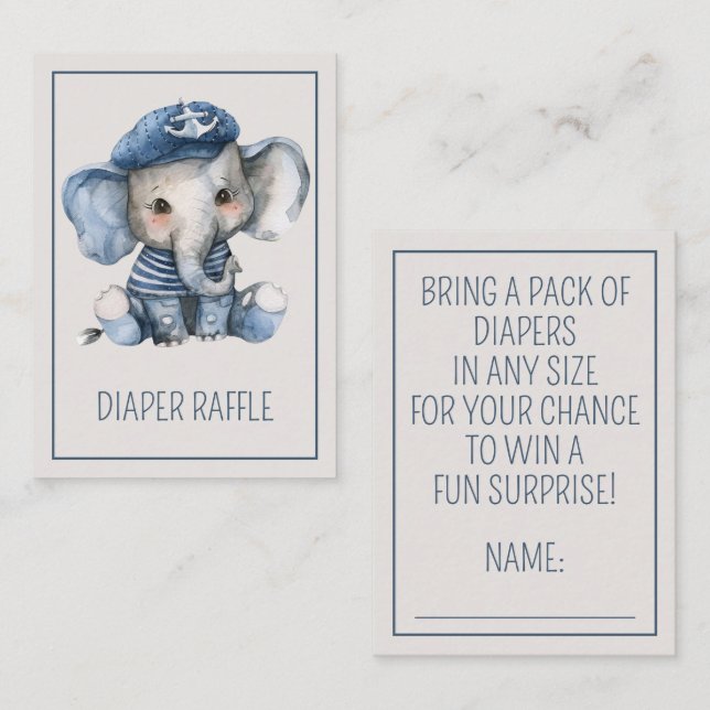 Carte D'accompagnement Nautique Blue Baby Elephant Diaper Raffle (Devant / Derrière)