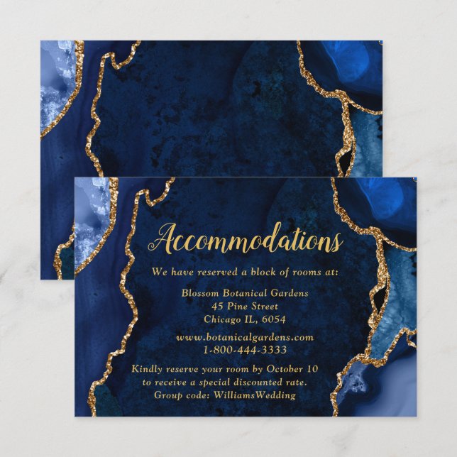 Carte D'accompagnement Navy Blue and Gold Agate Wedding Accommodations (Devant / Derrière)