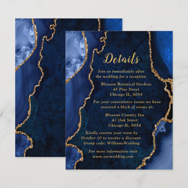 Carte D'accompagnement Navy Blue and Gold Agate Wedding Details