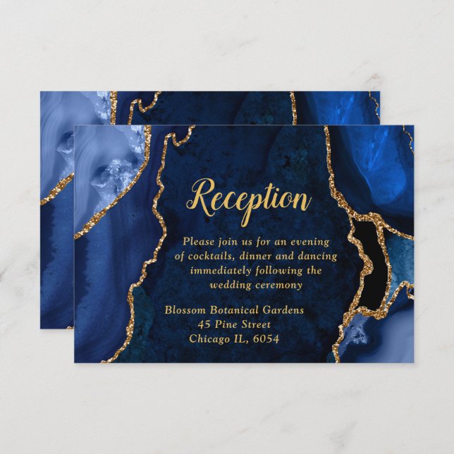 Carte D'accompagnement Navy Blue and Gold Agate Wedding Reception (Devant / Derrière)