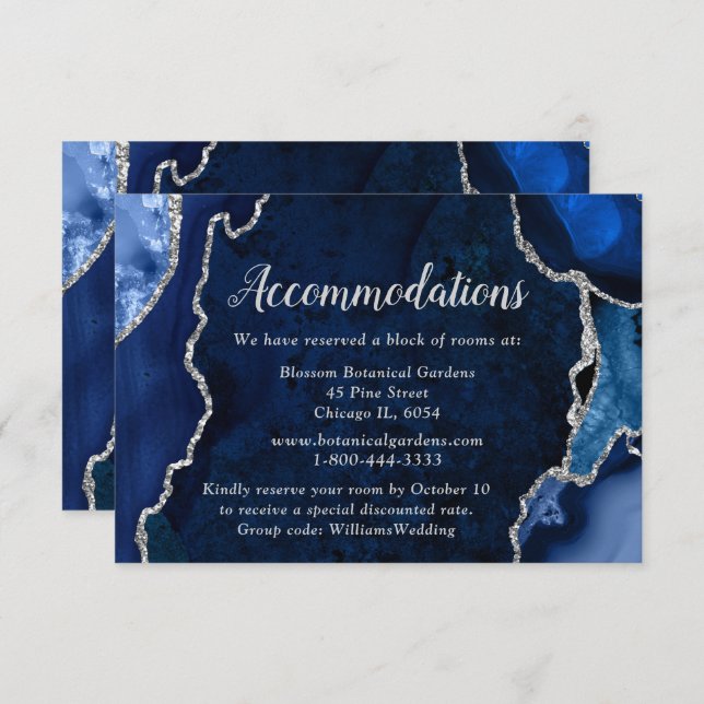 Carte D'accompagnement Navy Blue and Silver Agate Wedding Accommodations (Devant / Derrière)