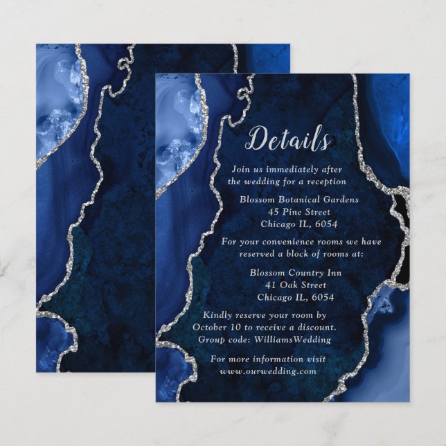 Carte D'accompagnement Navy Blue and Silver Agate Wedding Details (Devant / Derrière)