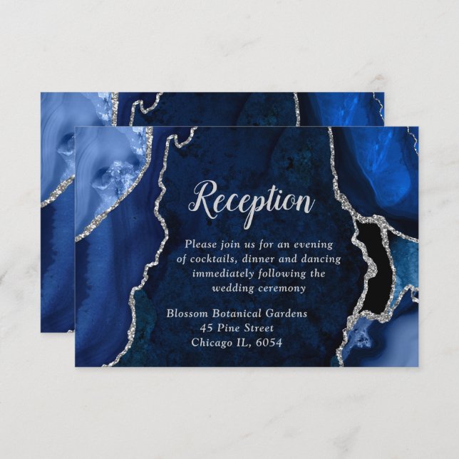 Carte D'accompagnement Navy Blue and Silver Agate Wedding Reception (Devant / Derrière)