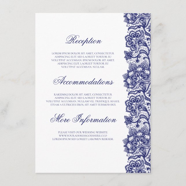 Carte D'accompagnement Navy Blue Lace Élégant Mariage Information Invité (Devant)
