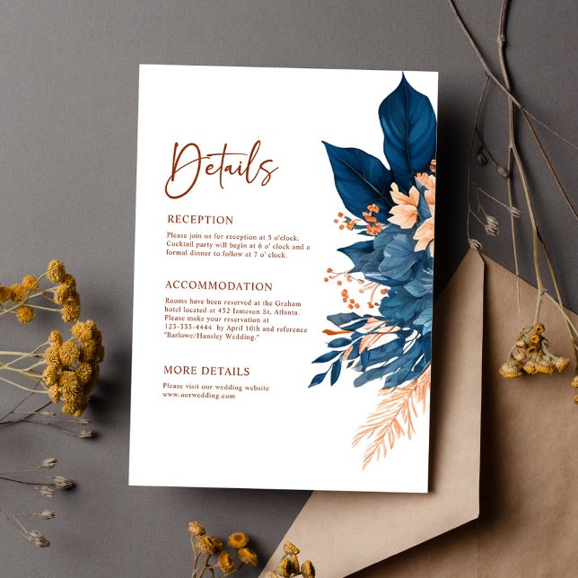 Carte D'accompagnement Navy Blue Modern Elegant Floral Mariage Détails (Navy Blue Modern Elegant Floral Wedding Details Enclosure Card)