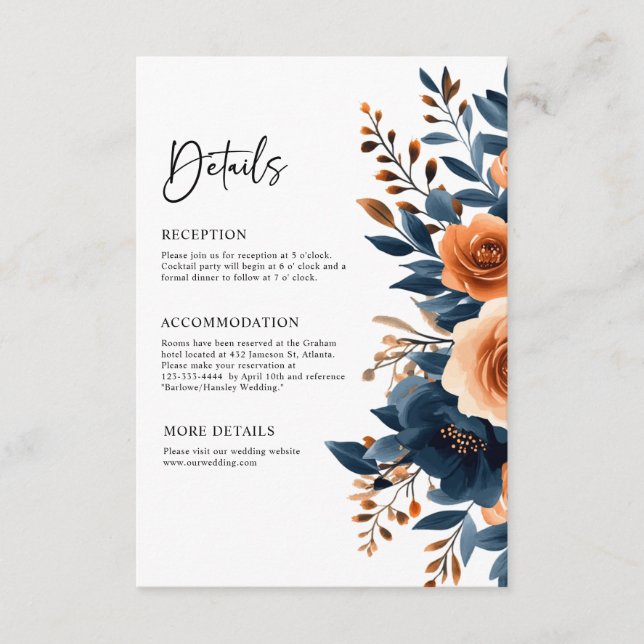Carte D'accompagnement Navy Blue Orange Terracotta Floral Mariage Détails (Devant)