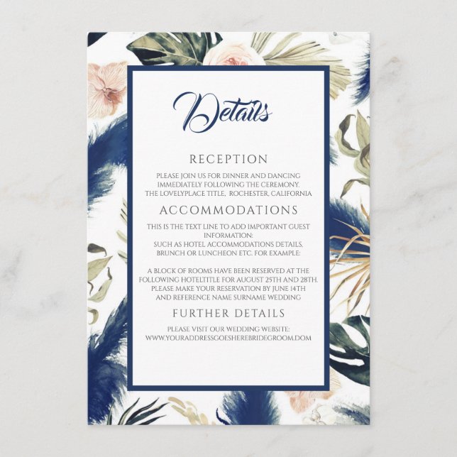 Carte D'accompagnement Navy Blue Pampas Grass Tropical Mariage Détails (Devant)