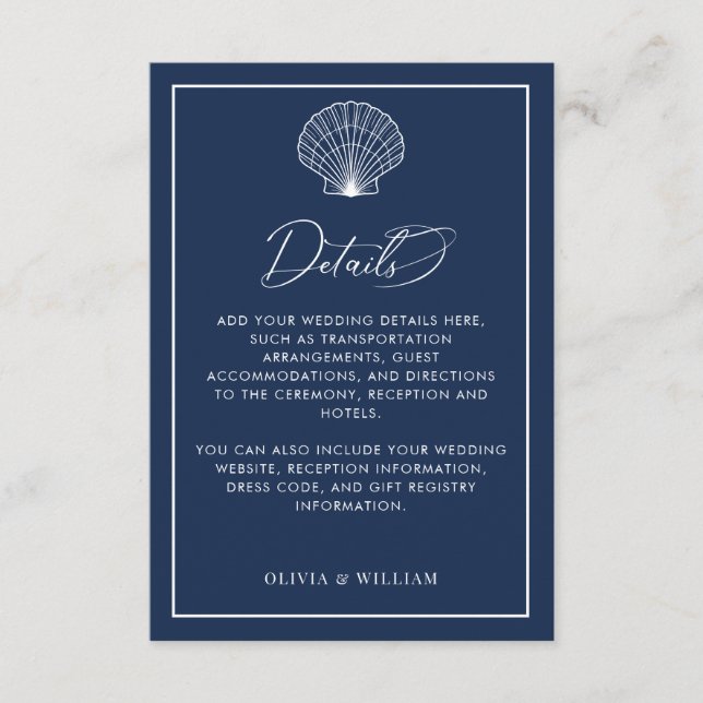 Carte D'accompagnement Navy Blue Seashell Beach Détails du mariage (Devant)