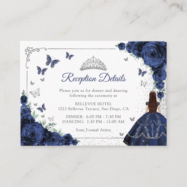 Carte D'accompagnement Navy Blue Silver Quincenarea Reception Details (Devant)