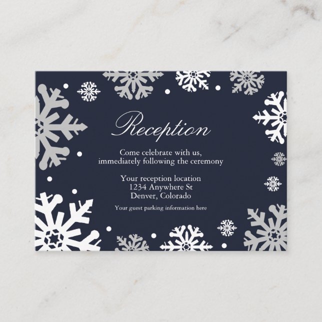 Carte D'accompagnement Navy Blue Snowflakes Réception de mariage hivernal (Devant)