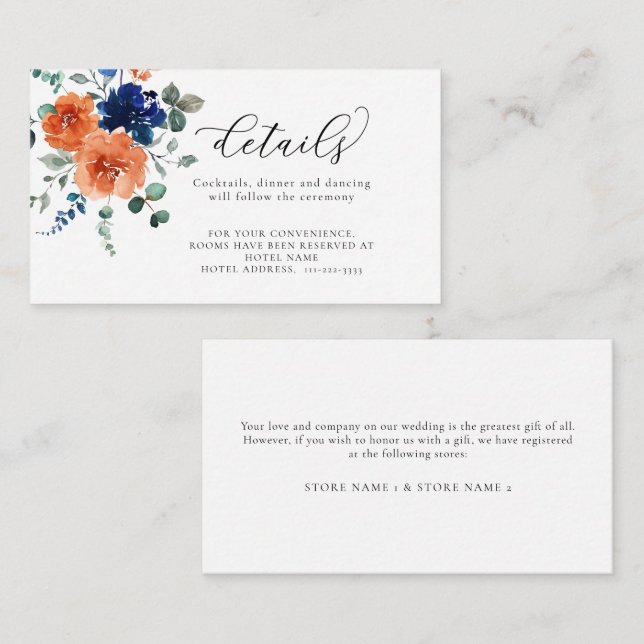 Carte D'accompagnement Navy Burange Fall Floral Détails du Mariage (Devant / Derrière)