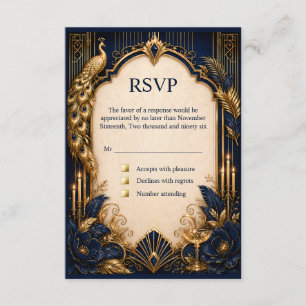 Carte D'accompagnement Navy or gold Gatsby paon RSVP mariage luxueux