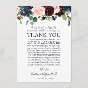 Carte D'accompagnement Navy Rose Bourgogne Mariage Set de table Merci