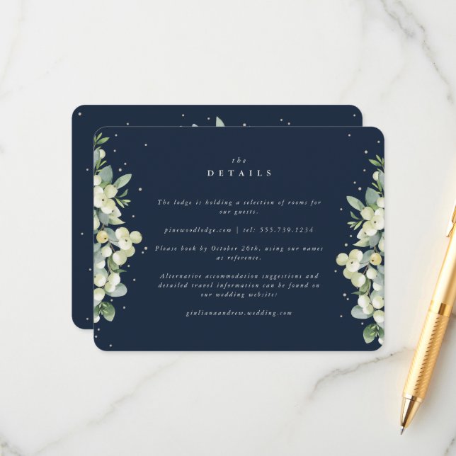 Carte D'accompagnement Navy Snowberry+Eucalyptus Mariage bordé Détails (Devant/Arrière en situation)