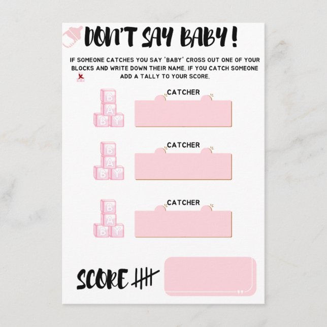Carte D'accompagnement Ne pas dire "Baby" jeu pour Baby showers (Devant)