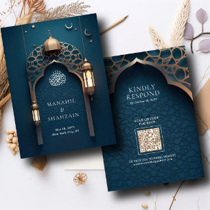 Carte D'accompagnement Nil Bleu Arc Islamique QR Code RSVP Wedd Website