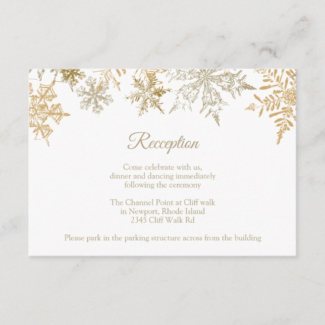 Carte D'accompagnement Noël Mariage Réception Gold Snowflakes Hiver (Devant)