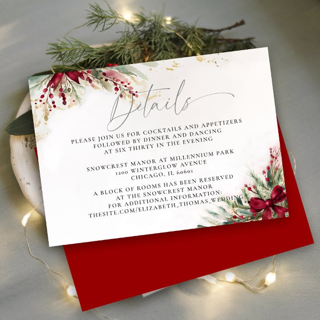 Carte D'accompagnement Nœud de Noël en verdure hivernale Détails de maria (winter wedding details enclosure christmas bow greenery berries watercolor elegant calligraphy)