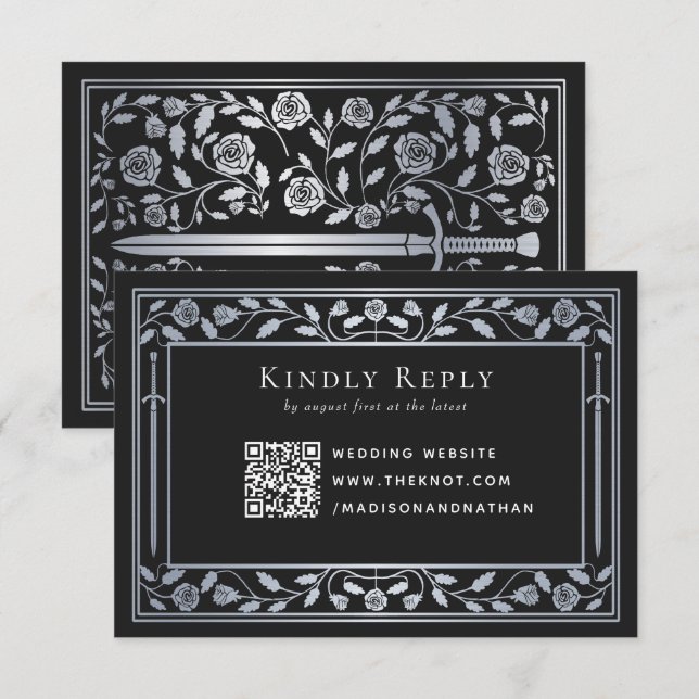 Carte D'accompagnement Noir Argent Noir Médiéval Mariage épée RSVP QR Cod (Devant / Derrière)