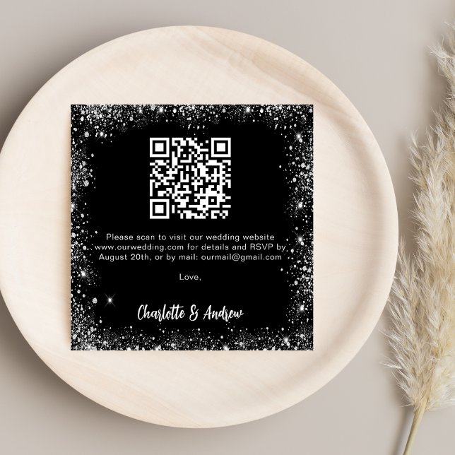 Carte D'accompagnement Noir argent parties scintillant QR code mariage RS (Créateur téléchargé)