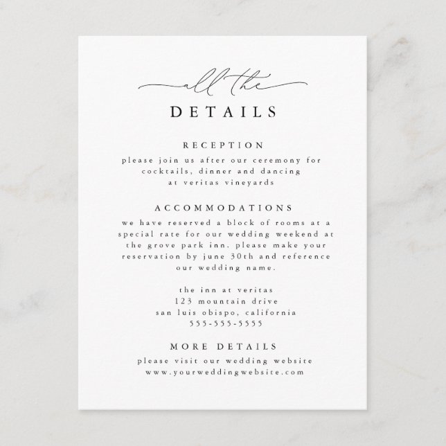 Carte D'accompagnement Noir & Blanc Moderne Et Élégant Mariage Détails (Devant)