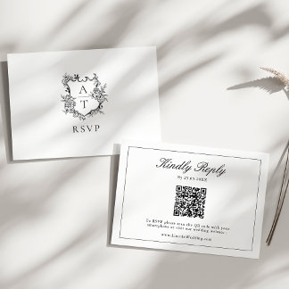 Carte D'accompagnement Noir Blanc Monogramme Crest Mariage QR Code RSVP