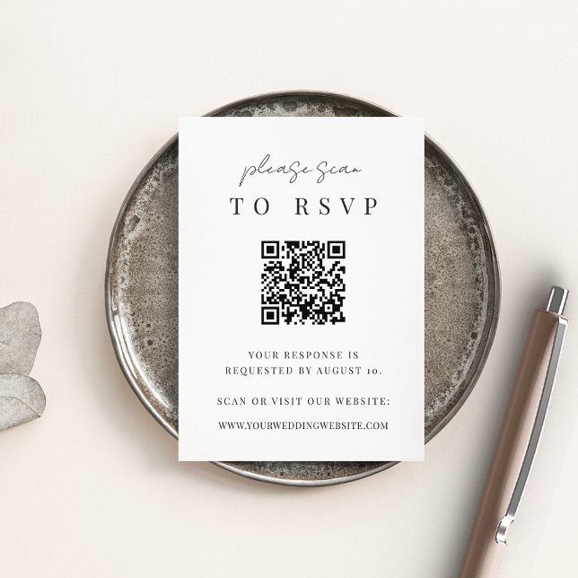 Carte D'accompagnement Noir & blanc Script moderne QR Code Mariage RSVP (Créateur téléchargé)