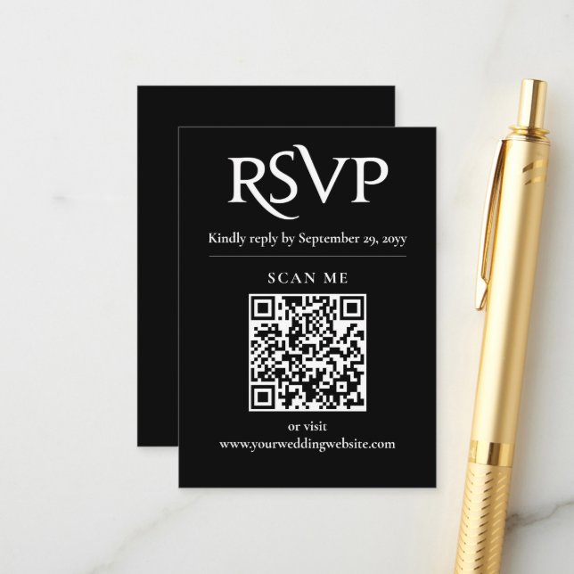 Carte D'accompagnement Noir Chic Moderne RSVP QR mariage de code (Devant/Arrière en situation)