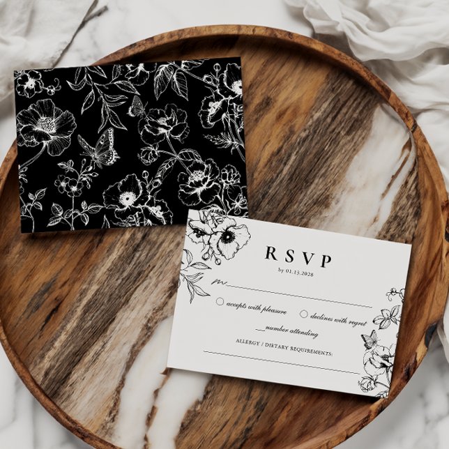 Carte D'accompagnement Noir élégant | White Floral Garden Wedding RSVP (Créateur téléchargé)