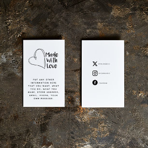 Carte D'accompagnement Noir et blanc. Fabriqué avec amour coeur liens soc