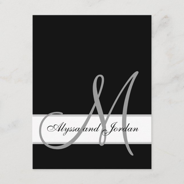 Carte D'accompagnement Noir et blanc Monogramme Noms Réception de mariage (Devant)