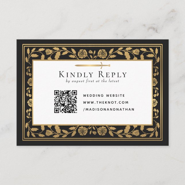 Carte D'accompagnement Noir Mariage d'épée médiévale RSVP QR Code (Devant)