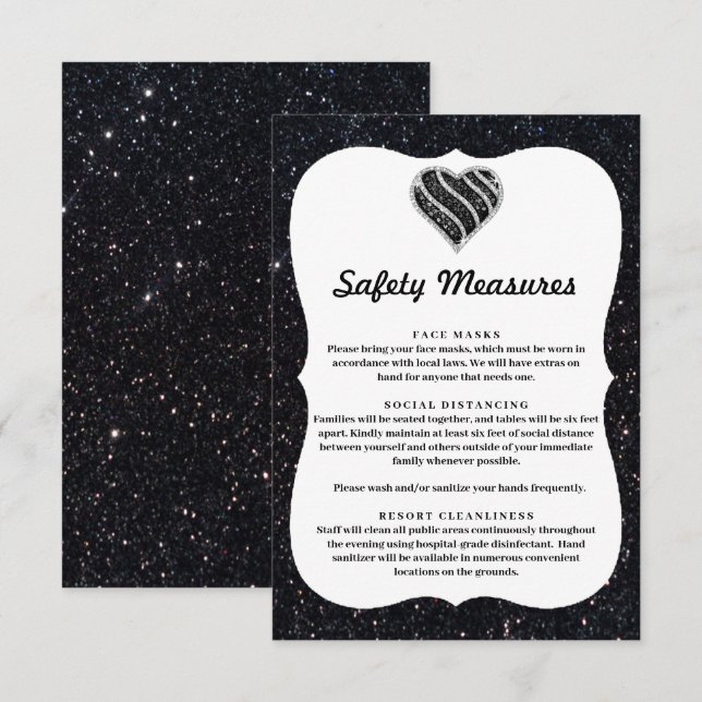 Carte D'accompagnement Noir Pailleté Cœur Noir et Blanc Mesures de sécuri (Devant / Derrière)