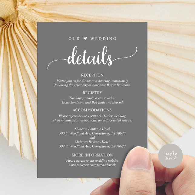 Carte D'accompagnement Nos détails Mariages, gris foncé rustique (Our Wedding Details, Rustic Script Invitation Enclosure Card, in Dark Grey)