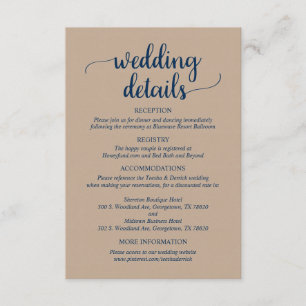 Carte D'accompagnement Nos détails Mariages, Rustic Kraft Navy Blue Scrip